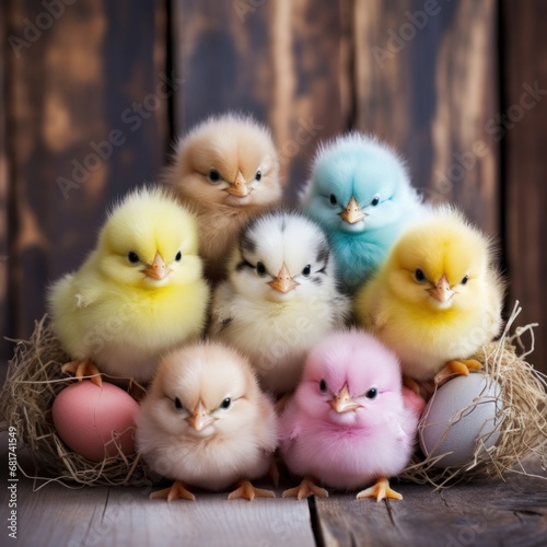 fluffy Easter chicks and colorful eggs set against a rustic background.