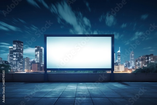 cinema screen with a cityscape in the background