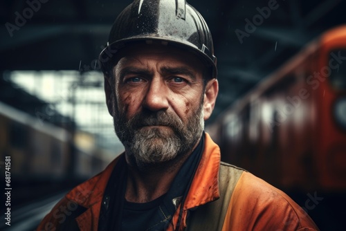 A man wearing a hard hat stands confidently in front of a train. This image can be used to depict a worker or engineer in the transportation industry.