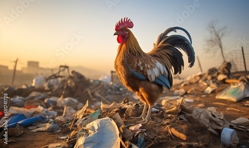 cute little rooster with decorative feathers on the garbage pile photo
