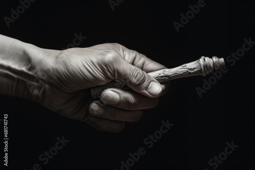 A person holding a cigarette in their hand. This image can be used to depict smoking, addiction, or relaxation. © Fotograf
