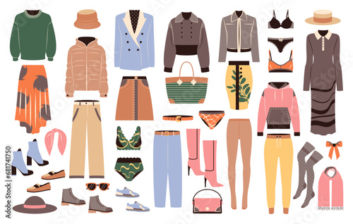 Big set of fashion clothing and accessories for spring season. Female apparel, dresses, pants, shoes, lingerie, hats, bags in casual style. Flat vector illustrations isolated on white background.