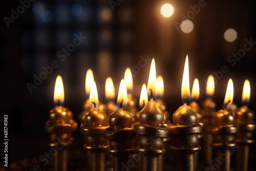 A close up view of a bunch of candles arranged on a table. This image can be used to create a cozy and warm atmosphere for various occasions.