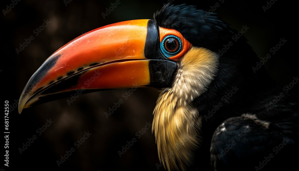 Toco toucan perching on branch, looking at camera with beak generated by AI