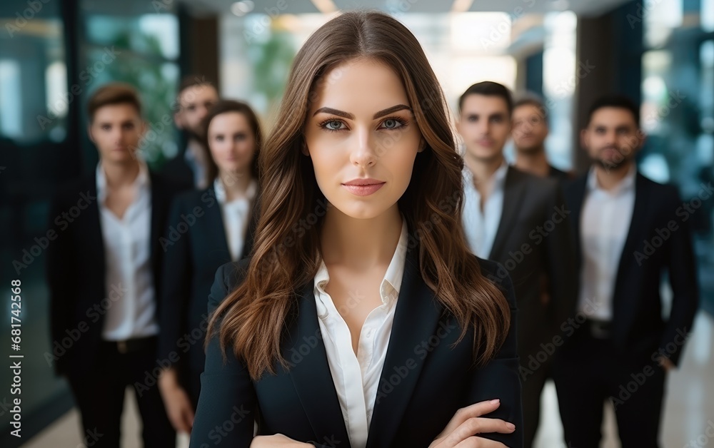 Businesswoman and a row of employees looking at her. Business vibe