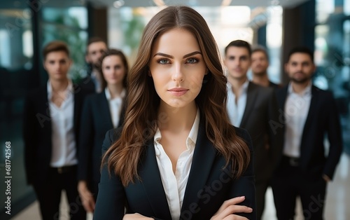 Businesswoman and a row of employees looking at her. Business vibe