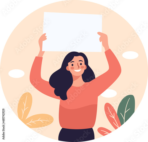 Flat vector illustration. Cute happy girl holding a poster above her head. Place for your text . Vector illustration