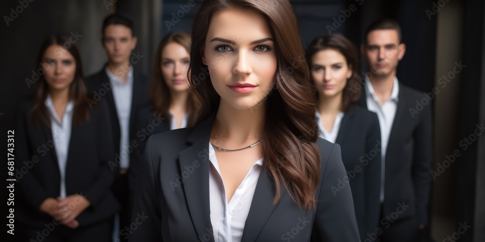 Businesswoman and a row of employees looking at her. Business vibe Businesswoman and a row of employees looking at her. Business vibe