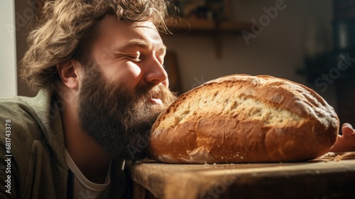 Man enjoying a slice of warm, freshly baked bread