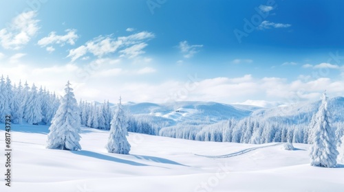 panoramic view of a snowy landscape with snow-covered trees and a bright blue sky, photo