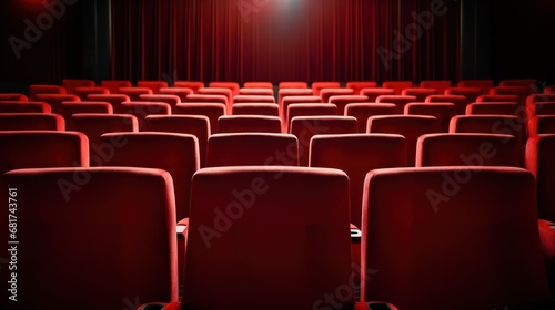 empty movie theater seats with a blank screen in the background,
