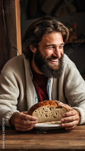 Man enjoying a slice of warm, freshly baked bread