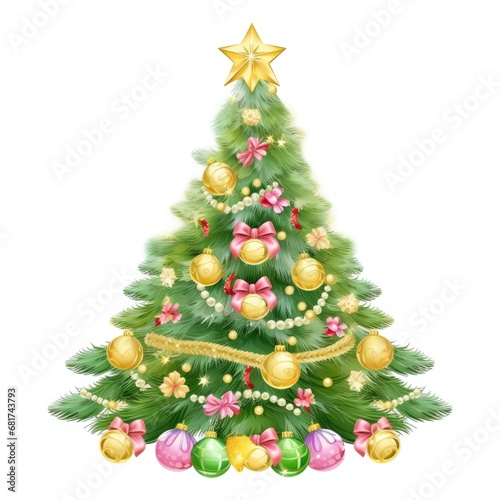 Christmas decorated tree. Festive Christmas colorful tree on white background