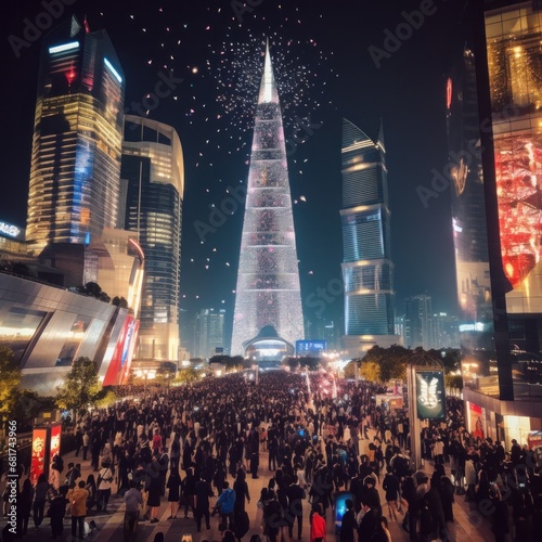 Skyscrapers and buildings are adorned with elaborate displays and shimmering ...
