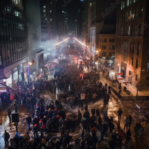 the streets are filled with revelers, wrapped in warm coats, hats, and scarves © olegganko