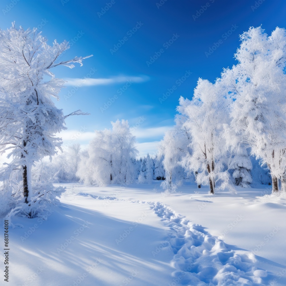 panoramic view of a snowy landscape with snow-covered trees and a bright blue sky, panoramic view of a snowy landscape with snow-covered trees and a bright blue sky,