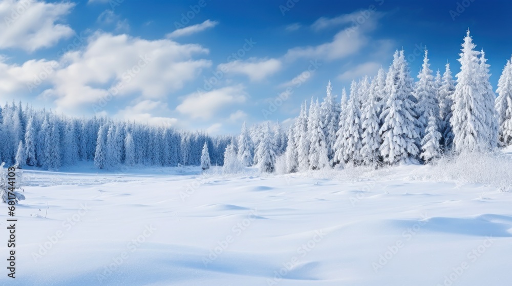 panoramic view of a snowy landscape with snow-covered trees and a bright blue sky,