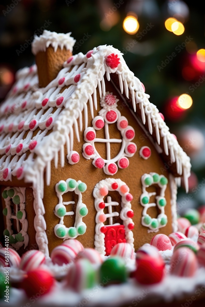 beautifully decorated gingerbread house, complete with candy canes