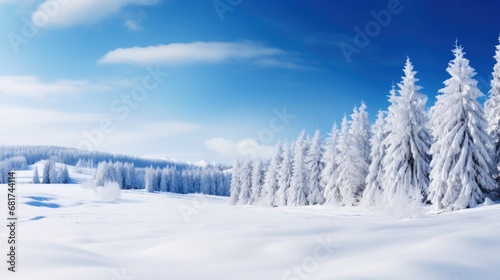 panoramic view of a snowy landscape with snow-covered trees and a bright blue sky, © olegganko