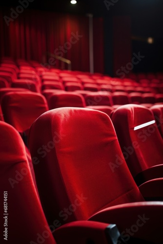 empty movie theater seats with a blank screen in the background,