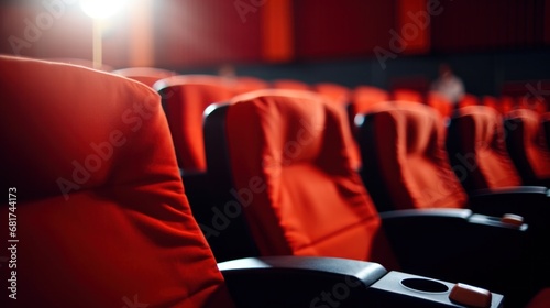 empty movie theater seats with a blank screen in the background,
