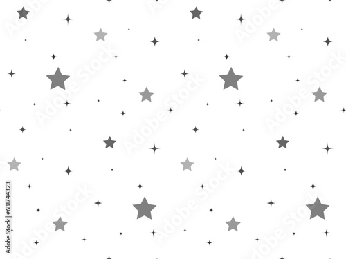 Starry seamless pattern. Gray stars and sparks of different sizes on white. Cute monochrome background for design