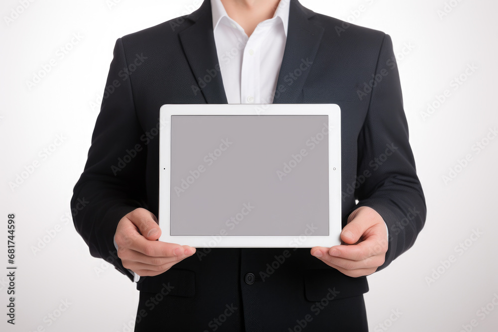 Man in suit holding tablet computer. Suitable for business and technology-related projects