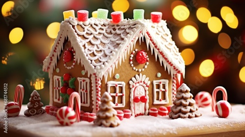 beautifully decorated gingerbread house, complete with candy canes
