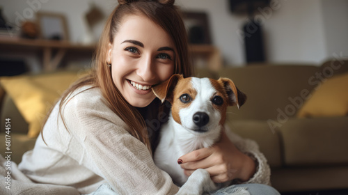 Happy woman hugging a Jack Russell Terrier dog, both looking towards the camera with a cozy home setting in the background.