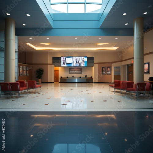 A modern and sleek image of a movie theater lobby with customizable copy text