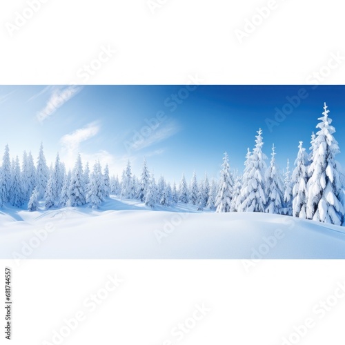 panoramic view of a snowy landscape with snow-covered trees and a bright blue...