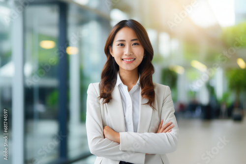 Professional businesswoman standing with her arms crossed, exuding confidence and authority. Professionalism, leadership, and determination in various business-related contexts