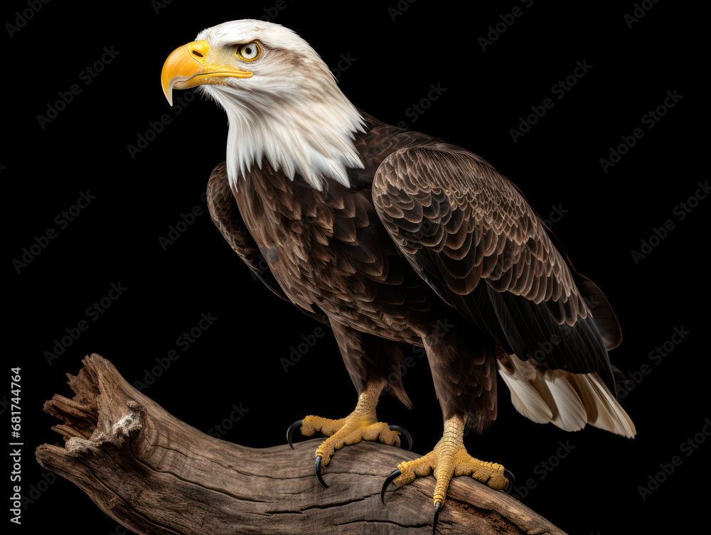 Fototapeta premium Bald Eagle Studio Shot Isolated on Clear Black Background, Generative AI