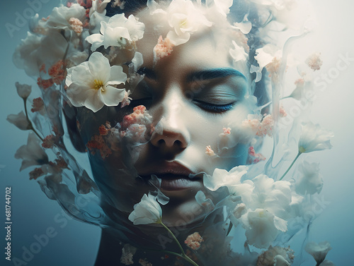 Foto de dupla exposição lindo rosto e flores 
