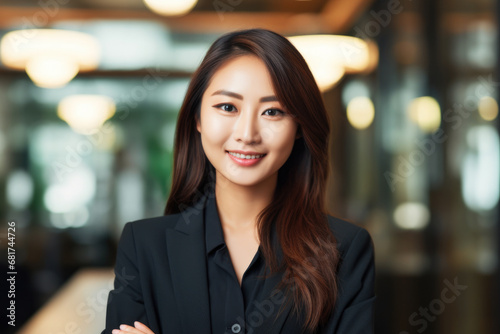 Professional woman confidently poses stylish business suit. Success, professionalism, and empowerment in various commercial and corporate contexts