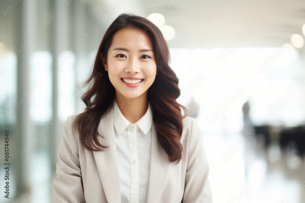 Woman in business suit smiling at camera. Suitable for corporate and professional concepts
