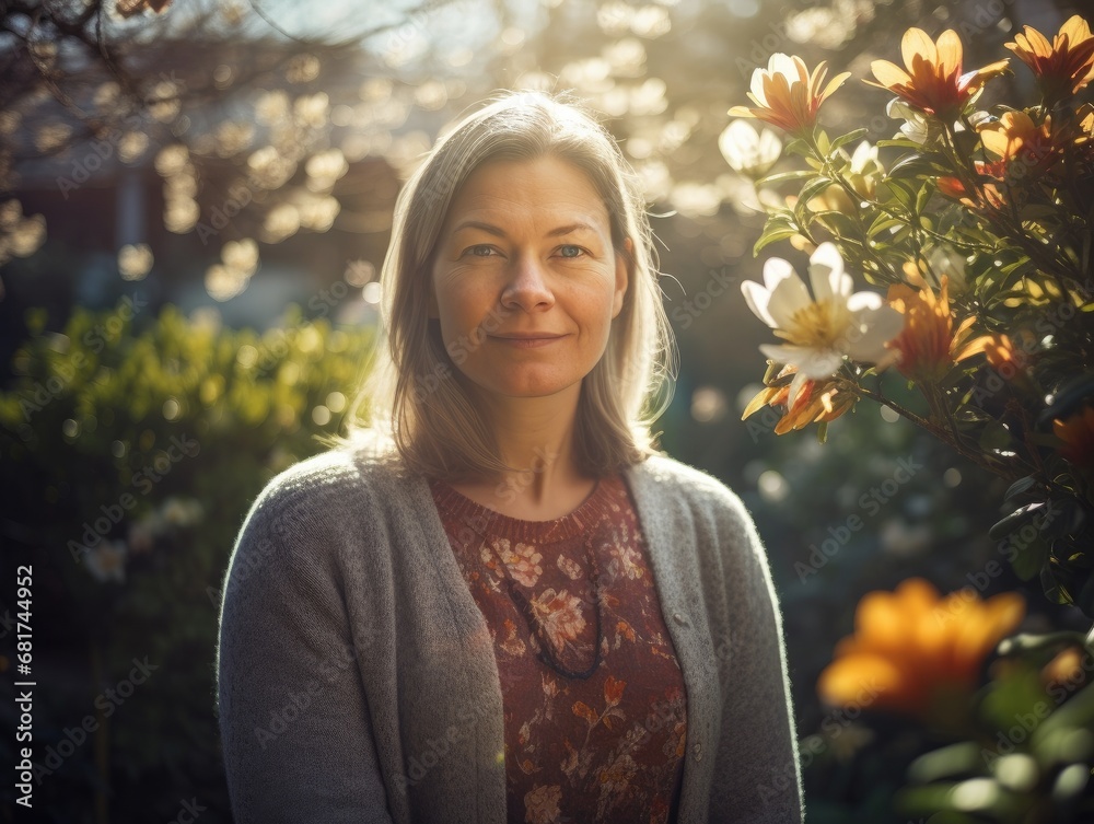Woman standing in front of a flower garden. Woman standing in front of a flower garden.
