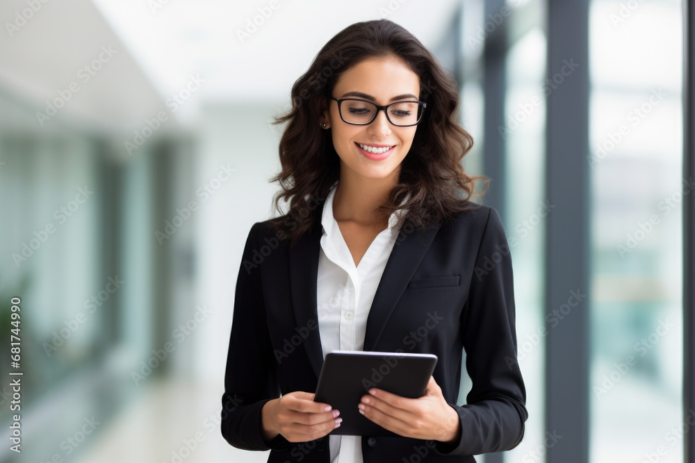Professional woman dressed in business suit holding tablet computer. Ideal for business, technology, and communication concepts Professional woman dressed in business suit holding tablet computer. Ideal for business, technology, and communication concepts