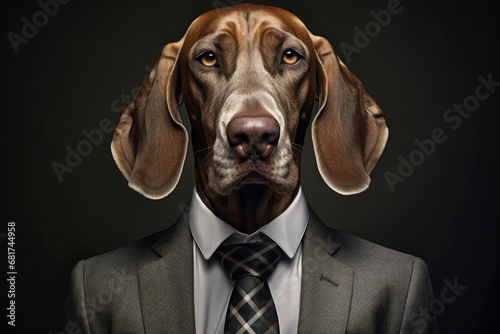 Portrait of dog in human clothing. Creative portrait of dog wearing business suit on abstract background. Anthropomorphic animal