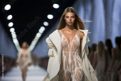 Fashion show. Female model shows off new collection of clothes at fashion week. Woman walks down the catwalk