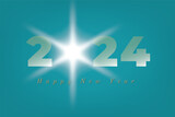 2024 Happy New Year White Light Sunburst Concept with Numerals Logo and Lettering Where Zero Replaced with Shining Sun - White on Turquoise Background - Mixed Graphic Design