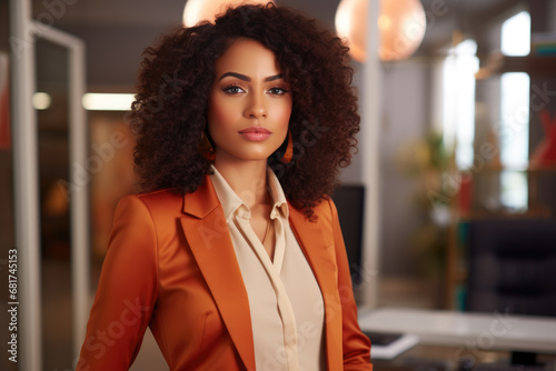 Woman wearing orange blazer strikes pose for photograph. This image can be used for professional headshots, fashion editorials, or corporate branding