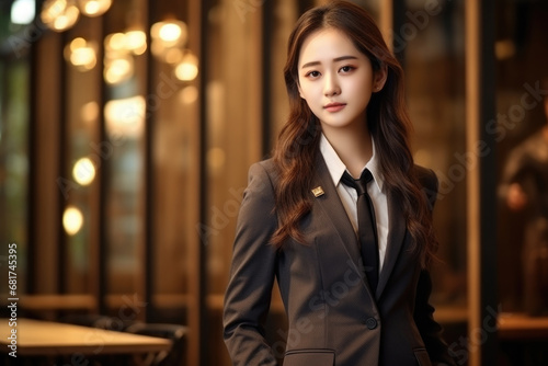 Professional woman dressed in suit and tie posing for picture. This image can be used to represent business, professionalism, or corporate settings © vefimov