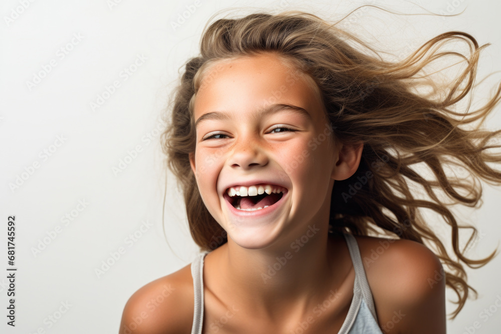 Young girl is captured in joyful moment, her hair blowing in wind. This image radiates happiness and carefree spirit, making it perfect for variety of uses Young girl is captured in joyful moment, her hair blowing in wind. This image radiates happiness and carefree spirit, making it perfect for variety of uses