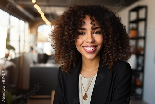 Woman with curly hair smiling directly at camera. This image can be used to showcase confidence, positivity, and natural beauty