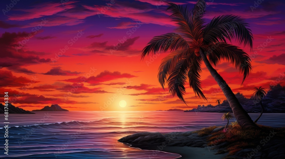 Exotic sunset on the sea. Scarlet and purple colors of the sea and sky on the background of palm trees