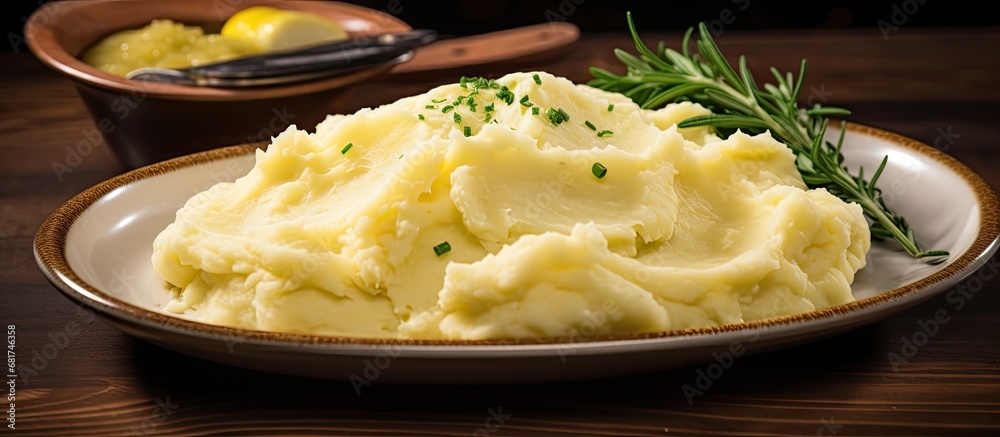 The closeup shot captured the creamy, mashed potatoes being served as a delicious side dish, with melted butter and creamed vegetable puree, prepared and cooked to perfection, ready-to-eat as a The closeup shot captured the creamy, mashed potatoes being served as a delicious side dish, with melted butter and creamed vegetable puree, prepared and cooked to perfection, ready-to-eat as a