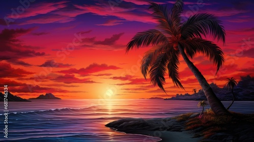 Exotic sunset on the sea. Scarlet and purple colors of the sea and sky on the background of palm trees