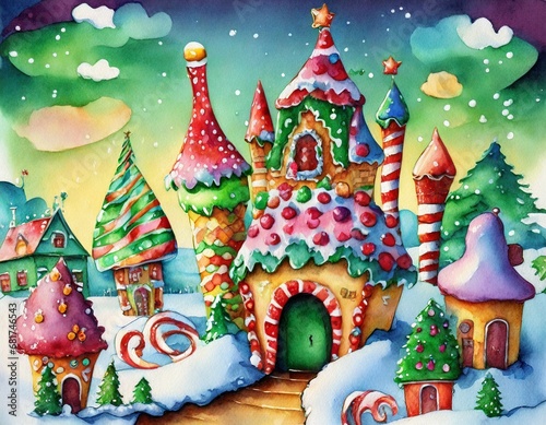 Pueblo navideño infantil, fantástico, acogedor con castillo, nieve y dulces