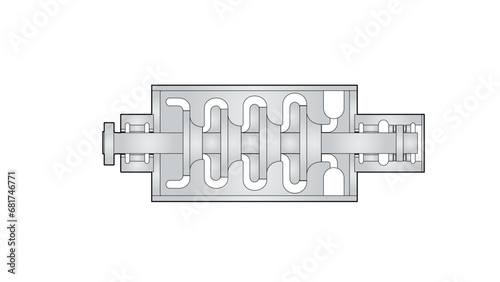 Centrifugal compressor vector drawing showing a barrel style compressor, impellers, journal bearings, and thrust bearing